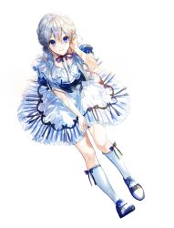 Rule 34 | 1girl, absurdres, blue bow, blue eyes, blue footwear, blue ribbon, blush, bow, collarbone, dot nose, dutch angle, footwear bow, frilled skirt, frills, full body, grey hair, hair between eyes, hand in own hair, hand on own leg, highres, kneehighs, leaning forward, long hair, looking at viewer, ma yoyo, neck ribbon, original, parted lips, puffy short sleeves, puffy sleeves, raised eyebrows, ribbon, sash, short sleeves, sidelocks, simple background, skirt, smile, socks, solo, striped bow, striped clothes, striped skirt, teeth, waist bow, white background, white skirt, white socks