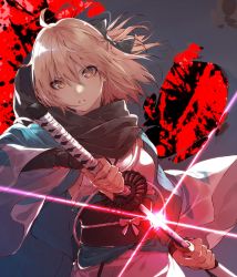 Rule 34 | 1girl, ahoge, arm guards, black bow, black scarf, blonde hair, bow, commentary request, diffraction spikes, drawing sword, fate (series), fingernails, floating hair, glint, hair between eyes, hair bow, half updo, haori, highres, holding, holding sheath, holding sword, holding weapon, japanese clothes, katana, kimono, koha-ace, kuwashima rein, long fingernails, long sleeves, looking at viewer, obi, okita souji (fate), okita souji (koha-ace), parted lips, red background, ribbon, sash, scabbard, scarf, sheath, shinsengumi, short hair, sleeveless, sleeveless kimono, solo, sword, unsheathing, weapon, white kimono, white ribbon, wide sleeves, yellow eyes