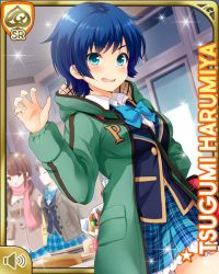 Rule 34 | 3girls, aqua eyes, blazer, blue eyes, blue hair, blue jacket, blue skirt, bow, bowtie, breasts, card (medium), character name, coat, collared shirt, day, eyebrows hidden by hair, girlfriend (kari), green coat, green eyes, green skirt, hair between eyes, harumiya tsugumi, indoors, jacket, large breasts, long hair, long sleeves, looking at viewer, multiple girls, official art, open clothes, open jacket, open mouth, plaid, plaid skirt, pleated skirt, qp:flapper, school, school uniform, shirt, short hair, skirt, standing, sweater, sweater vest, tagme, tomboy, valentine, white shirt