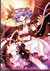 Rule 34 | 1girl, ascot, bow, capura lin, female focus, hat, hat bow, highres, moon, non-web source, petals, puffy sleeves, purple hair, red eyes, red moon, remilia scarlet, scan, scanlines, short hair, short sleeves, sky, solo, touhou, wings