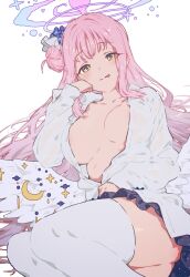 Rule 34 | 1girl, alternate costume, angel wings, blue archive, breasts, breasts out, feathered wings, hair bun, halo, highres, low wings, mika (blue archive), open clothes, open shirt, partially unbuttoned, pink hair, pink halo, sharoxha0, shirt, simple background, single side bun, skirt, solo, thighhighs, tongue, tongue out, unbuttoned, unbuttoned shirt, white background, white shirt, white thighhighs, white wings, wings