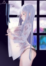 Rule 34 | 1girl, arched back, ass, black panties, blurry, blurry background, blush, breasts, clothes hanger, collared shirt, dress shirt, flower, green eyes, highres, hydrangea, indoors, large breasts, long hair, long sleeves, original, overcast, panties, see-through, shirt, sky, solo, standing, tenti0619, thighs, underwear, very long hair, water drop, wet, wet clothes, wet shirt, white hair, window