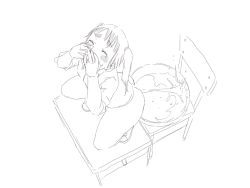 Rule 34 | 1girl, anal expulsion, bad id, bad pixiv id, blush, bottomless, bucket, chair, closed eyes, covering own mouth, desk, dutch angle, elk115, enema, enema ejection, eyebrows, from above, lineart, monochrome, on desk, original, school chair, school desk, squatting, tears, twintails