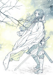 Rule 34 | 1girl, amputee, arm at side, armored boots, boots, branch, cloak, closed mouth, dirty, dirty face, floating clothes, floating hair, from side, full body, holding, holding sword, holding weapon, hood, hood down, hooded cloak, jian (weapon), juuni kokuki, kyusui polymer, long hair, long sleeves, looking afar, monochrome, pants, risai (juuni kokuki), robe, scabbard, sheath, snowing, solo, standing, sword, unsheathed, wavy hair, weapon, wind