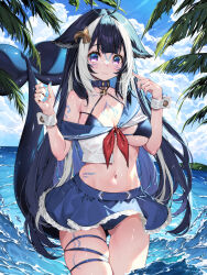 Rule 34 | 1girl, ahoge, animal ears, arm tattoo, belt collar, bikini, bikini under clothes, black hair, blue nails, blue sky, body markings, breasts, cameltoe, cetacean tail, chest tattoo, cleavage, cleft of venus, closed mouth, cloud, collar, collarbone, criss-cross halter, day, facial tattoo, fins, fish tail, halterneck, highres, indie virtual youtuber, large breasts, leg tattoo, lips, long hair, looking at viewer, multicolored hair, navel, ocean, orca girl, outdoors, palm tree, purple eyes, see-through, see-through shirt, shirt, shylily, shylily (1st costume), skirt, sky, smile, streaked hair, swimsuit, tail, tattoo, thigh strap, tree, virtual youtuber, wading, water, waterring, whale girl, white hair, wrist cuffs