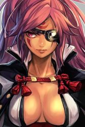 Rule 34 | 1girl, arc system works, baiken, breasts, center opening, collarbone, eyepatch, facial mark, facial tattoo, guilty gear, guilty gear xrd, hungry clicker, large breasts, lips, pink eyes, pink hair, robe, scar, scar across eye, scar on face, solo, tattoo, upper body