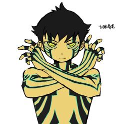 Rule 34 | 1boy, black hair, demi-fiend, full-body tattoo, highres, looking at viewer, male focus, ringed eyes, shin megami tensei, shin megami tensei iii: nocturne, short hair, simple background, solo, tattoo, topless male, touyuakatani (aktn), translation request, upper body, white background, x arms, yellow eyes
