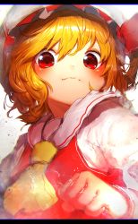 Rule 34 | 1girl, absurdres, ascot, blonde hair, blush, closed mouth, commentary, flandre scarlet, hat, highres, letterboxed, long sleeves, looking at viewer, medium hair, niwarhythm, red eyes, red vest, shirt, smile, solo, touhou, upper body, vest, white background, white shirt, yellow ascot