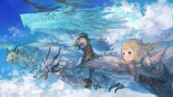 Rule 34 | 1boy, 1girl, above clouds, animal, bird wings, blonde hair, blue cape, blue eyes, blue sky, braid, braided ponytail, brown eyes, brown hair, brown jacket, caillou pyroxene, cape, claws, closed mouth, cloud, dragon, dragon riding, feathered wings, flying, full body, fur-trimmed cape, fur trim, goggles, goggles on head, grey wings, hand up, highres, holding, holding reins, jacket, leotard, long hair, long sleeves, looking at another, looking at viewer, monster girl, multicolored background, open mouth, outdoors, pixiv fantasia, pixiv fantasia last saga, reins, ricca (pixiv fantasia last saga), sakaya313, short hair, sitting, sky, very short hair, winged arms, wings