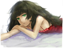 Rule 34 | 1girl, ahoge, blunt bangs, camisole, green eyes, green hair, hiyajou maho, holding own arm, long hair, lying, menomorute, messy hair, on stomach, open mouth, red camisole, ringed eyes, simple background, solo, tagme, very long hair