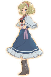 Rule 34 | 1girl, alice margatroid, blonde hair, blue dress, blue eyes, blush, boots, bow, capelet, closed mouth, commentary request, cross-laced footwear, dress, frilled dress, frills, from side, full body, grimoire of alice, hairband, high heel boots, high heels, lace-up boots, lolita hairband, looking away, matsuda (matsukichi), neck ribbon, red ribbon, ribbon, sash, short hair, smile, solo, standing, touhou, wrist cuffs