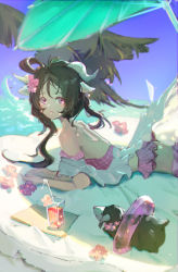 Rule 34 | 1girl, absurdres, animal ears, arknights, bare back, beach, beach umbrella, bikini, blue sky, branch, brown hair, chinese commentary, commentary request, day, drink, eyjafjalla (arknights), eyjafjalla (summer flower) (arknights), flower, from side, goat ears, goat horns, hair flower, hair ornament, highres, horizon, horns, huge filesize, innertube, kilala guan, long hair, looking at viewer, looking to the side, lying, ocean, off-shoulder bikini, off shoulder, official alternate costume, on stomach, outdoors, pink bikini, pink eyes, pink flower, purple flower, sky, solo, swim ring, swimsuit, umbrella, waves