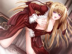 Rule 34 | 1girl, blonde hair, breasts, breasts out, dress, female focus, female masturbation, game cg, long hair, masturbation, medium breasts, mindead blood, nipples, no bra, open clothes, open mouth, pink eyes, pussy juice, red dress, saliva, grabbing own breast, shiizaki hinaki, solo, sonohara mana, sweat