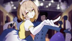 Rule 34 | 1girl, blonde hair, blurry, blurry background, dress, elbow gloves, eyes visible through hair, gloves, hell fuuna, highres, holding hands, looking at viewer, natsume itsuki (voice actor), open mouth, short hair, white gloves, yellow eyes