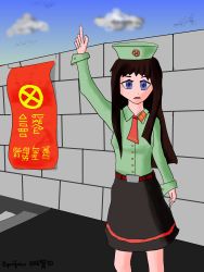 Rule 34 | 1girl, absurdres, arm up, belt, black skirt, blue eyes, brown hair, byuinzanka, green shirt, hat, highres, long hair, military, military uniform, necktie, original, pointing, pointing up, red flag, red neckwear, shirt, skirt, stone wall, uniform, wall