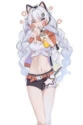 Rule 34 | 1girl, ahoge, animal ears, black shorts, blue eyes, braid, breasts, bubble tea, cat ears, cleavage, commentary, cowboy shot, drink, english commentary, fake animal ears, fake whiskers, hair between eyes, highres, holding, holding drink, honkai (series), honkai impact 3rd, inward v, jacket, kiana kaslana, kiana kaslana (coco), long hair, medium breasts, multicolored clothes, multicolored jacket, navel, one eye closed, open clothes, open jacket, open mouth, orange jacket, sakarvia, shorts, star (symbol), stomach, tied tank top, twin braids, two-tone jacket, whiskers, white background, white hair, white jacket