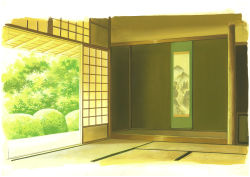 Rule 34 | bush, commentary request, fusuma, hanging scroll, hariken, highres, indoors, leaf, no humans, open door, original, plant, scenery, scroll, sliding doors, tatami, topiary