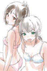 Rule 34 | 2girls, bra, breasts, brown eyes, brown hair, fubuki (kancolle), green eyes, highres, i-401 (kancolle), kantai collection, looking at viewer, low ponytail, medium hair, multiple girls, open mouth, panties, pink bra, pink panties, ponytail, sakieko, short hair, simple background, small breasts, underwear, underwear only, white background, white bra