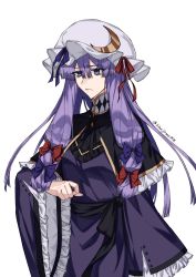 Rule 34 | 1girl, arm up, bags under eyes, blue bow, blue eyes, bow, braid, cowboy shot, dress, expressionless, frilled dress, frilled sleeves, frills, hair between eyes, hair bow, hat, hat ornament, highres, himadera, light purple hair, long hair, mob cap, patchouli knowledge, red bow, simple background, solo, touhou, twin braids, twitter username, very long hair, waist bow, wide sleeves