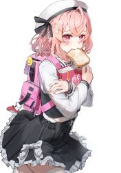 Rule 34 | 1girl, absurdres, backpack, bad id, bad pixiv id, bag, belt, black skirt, black vest, book, bread, bread slice, commentary, english commentary, food, food in mouth, frilled skirt, frills, from side, hat, highres, holding, holding book, long sleeves, looking ahead, medium hair, nail polish, original, pink bag, pink eyes, pink hair, pink nails, school uniform, shirt, simple background, skirt, solo, thighhighs, vest, white background, white hat, white shirt, white thighhighs, yuki hsu