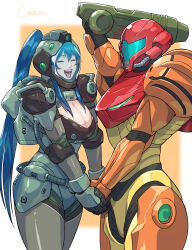 Rule 34 | 2girls, :d, ^ ^, absurdres, arm up, artist name, blue hair, breasts, character request, check character, cirenk, cleavage cutout, closed eyes, clothing cutout, commission, cowboy shot, from side, helmet, highres, holding hands, large breasts, metroid, metroid (classic), multiple girls, nintendo, open mouth, ponytail, power suit (metroid), samus aran, smile, teeth