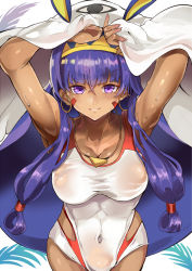 Rule 34 | 1girl, armpits, arms up, breasts, covered navel, dark-skinned female, dark skin, facial mark, fate/grand order, fate (series), hairband, himuro shunsuke, long hair, looking at viewer, medium breasts, nitocris (fate), nitocris (fate/grand order), nitocris (swimsuit assassin) (fate), nitocris (swimsuit assassin) (second ascension) (fate), one-piece swimsuit, purple eyes, purple hair, smile, solo, sweat, swimsuit, white one-piece swimsuit