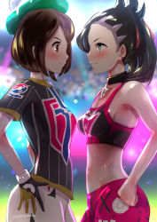 Rule 34 | &gt;:), 2girls, armpits, asymmetrical bangs, backlighting, bare arms, bare shoulders, black choker, black gloves, black hair, black shirt, blurry, blurry background, blush, breasts, brown eyes, brown hair, choker, closed mouth, collarbone, commentary request, creatures (company), day, depth of field, earrings, eye contact, face-to-face, game freak, gloria (pokemon), gloves, green eyes, green headwear, gym challenge uniform, gym leader, hair ribbon, hand on own hip, hat, highres, jewelry, looking at another, marnie (pokemon), medium breasts, midriff, multiple girls, navel, nintendo, outdoors, pink shorts, pokemon, pokemon swsh, profile, red ribbon, ribbon, shirt, short sleeves, shorts, small breasts, smile, sweat, tam o&#039; shanter, twintails, twitter username, uenoryoma, v-shaped eyebrows, white shorts