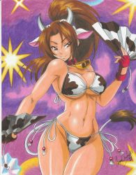 Rule 34 | 1girl, 2021, alternate costume, animal ears, animal print, bare shoulders, bell, bikini, breasts, brown eyes, brown hair, cleavage, collar, cow ears, cow print, cow print bikini, cow tail, fake animal ears, fake horns, fake tail, fatal fury, female focus, fingerless gloves, gloves, hand fan, highres, holding, holding fan, horns, large breasts, long hair, looking at viewer, looking to the side, matching hair/eyes, navel, neck bell, official alternate costume, ponytail, print bikini, ravernclouk design, shiny skin, shiranui mai, side-tie bikini bottom, smile, snk heroines: tag team frenzy, stomach, swimsuit, tail, the king of fighters, thong bikini, underboob, very long hair, wide hips