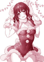 Rule 34 | 1girl, :d, animal ears, blush, boots, breasts, covered navel, dress, ears down, hand on own ear, hands up, head tilt, highres, hizuki akira, looking at viewer, medium breasts, monochrome, open mouth, original, pom pom (clothes), puffy short sleeves, puffy sleeves, pulling own ear, rabbit ears, red theme, santa dress, short sleeves, simple background, sitting, smile, solo, wariza, white background