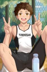 Rule 34 | 1boy, :d, absurdres, bare arms, bare shoulders, bike shorts, black shorts, blush, bottle, brown eyes, brown hair, bulge, chain-link fence, collarbone, crotch seam, day, double v, ensemble stars!, fence, hands up, highres, knees up, kogatetora, looking at viewer, male focus, open mouth, outdoors, pectoral cleavage, pectorals, short hair, shorts, sitting, sleeveless, smile, solo, sportswear, spread legs, tank top, tenma mitsuru, toned, toned male, v, water bottle
