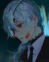 Rule 34 | 1girl, black eyes, black jacket, black necktie, blood, blood on face, chainsaw man, chromatic aberration, collared shirt, commentary, expressionless, eyepatch, highres, jacket, keibleh, long hair, looking down, necktie, parted lips, ponytail, quanxi (chainsaw man), shirt, solo, upper body, white hair, white shirt