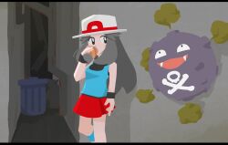 Rule 34 | 1girl, absurdres, against wall, alley, arm at side, black eyes, black wristband, blue shirt, blue socks, blush stickers, bright pupils, can, creatures (company), drink can, drinking, game freak, gen 1 pokemon, grey hair, highres, industrial pipe, koffing, leaf (pokemon), long hair, miniskirt, nintendo, pokemon, pokemon (creature), pokemon frlg, red skirt, shirt, skirt, sleeveless, sleeveless shirt, smog, socks, soda can, solo, trash bag, trash can, white headwear, white pupils, yakitaka riza
