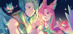 Rule 34 | 1boy, 1girl, absurdres, animal ears, bird, blush, cape, closed mouth, eye contact, feathers, fox ears, fur trim, gloves, gradient background, green hair, hair over one eye, hetero, highres, holding hands, league of legends, long hair, looking at another, multicolored hair, pink background, pink hair, portrait, rakan (league of legends), ruan chen yue, smile, space, star guardian rakan, star guardian xayah, two-tone hair, white gloves, wings, xayah