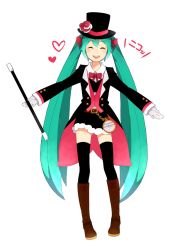 Rule 34 | 1girl, asougi1056, belt, boots, bow, bowtie, chain, closed eyes, full body, gloves, green hair, hat, hatsune miku, knee boots, long hair, magician, open mouth, skirt, solo, thighhighs, top hat, twintails, very long hair, vocaloid, wand, watch, white background