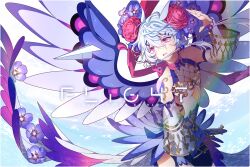 Rule 34 | androgynous, animal ears, artist name, bare shoulders, beads, blue bow, blue bowtie, blue hair, blue ribbon, blue shirt, blue sky, blue sleeves, blue wings, borrowed character, bow, bow choker, bowtie, braid, breasts, choker, cleavage, cloud, collared shirt, commentary, detached sleeves, diamond cutout, english commentary, english text, feathered wings, fishnets, flower, frown, gender request, gold trim, hair beads, hair bow, hair flower, hair lift, hair ornament, hair ribbon, hand up, hen-tie, layered sleeves, light blue hair, lilidae, long sleeves, open mouth, original, pansy, paper airplane, pink bow, pink choker, pink eyes, pink flower, pink rose, purple flower, rainbow, ribbon, rose, shirt, short hair, shoulder tattoo, side slit, sidelocks, single braid, sky, sleeve bow, sleeves past wrists, small breasts, solo, strap, tail, tail flower, tail ornament, tattoo, teeth, two-tone shirt, two-tone wings, upper teeth only, watermark, white shirt, white sleeves, white wings, wide sleeves, wings