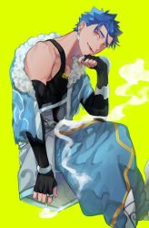 1boy, alternate hair length, alternate hairstyle, blue hair, bracelet, capelet, cigarette, cu chulainn (fate) (all), cu chulainn (fate/grand order), earrings, elbow gloves, fate/grand order, fate (series), fingerless gloves, gloves, head rest, jewelry, kystktstura, lancer, looking at viewer, male focus, muscular, muscular male, open mouth, red eyes, shiny, short hair, smile, smoke, smoking, solo