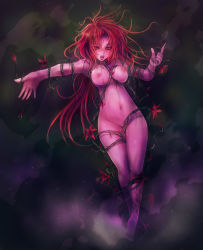 Rule 34 | 1girl, breasts, hip focus, kara (color), large breasts, long hair, navel, nipples, nude, plant, pussy juice, red eyes, red hair, solo, thorns, tongue, vines, wide hips