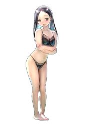 Rule 34 | 1girl, absurdres, arms under breasts, bare shoulders, barefoot, black bra, black panties, blue hair, blush, bra, breasts, brown eyes, brown hair, cleavage, collarbone, commentary request, crossed arms, emutsuichi, forehead, full body, highres, lace, lace bra, lace panties, looking at viewer, medium breasts, multicolored hair, navel, open mouth, original, panties, simple background, smile, solo, straight hair, teeth, two-tone hair, underwear, underwear only, upper teeth only, white background
