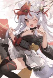 Rule 34 | 1girl, ;d, animal ears, arms up, black legwear, blush, breasts, cherry blossoms, collar, commentary request, commission, fangs, fox ears, fox girl, fox mask, fox tail, hands up, highres, indie virtual youtuber, kamiko kana, kurige horse, lace, long hair, long sleeves, looking at viewer, mask, mask on head, one eye closed, open mouth, ribbon, short eyebrows, skeb commission, small breasts, smile, tail, thick eyebrows, virtual youtuber, white hair, wide sleeves, yellow eyes