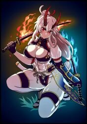 Rule 34 | 1girl, abs, absurdres, arm guards, bikini, blue bikini, blue fire, breasts, cleavage, cleavage cutout, clothing cutout, dual wielding, fate/grand order, fate (series), fire, hair between eyes, harurukan, high ponytail, highres, holding, horns, katana, kneeling, large breasts, long hair, looking at viewer, mitsudomoe (shape), navel, puffy short sleeves, puffy sleeves, red eyes, red horns, short sleeves, sidelocks, solo, swimsuit, sword, thighhighs, tomoe (symbol), tomoe gozen (fate), tomoe gozen (swimsuit saber) (fate), tomoe gozen (swimsuit saber) (third ascension) (fate), toned, weapon, white hair, white thighhighs