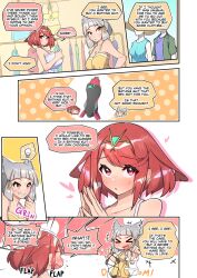 Rule 34 | 2girls, alternate costume, breasts, comic, english text, highres, large breasts, multiple girls, nia (fancy sundress) (xenoblade), nia (xenoblade), osora (judithandlilith), pyra (xenoblade), red eyes, red hair, speech bubble, xenoblade chronicles (series), xenoblade chronicles 2