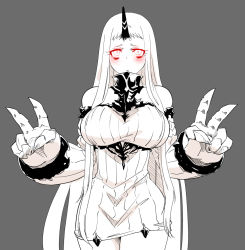 Rule 34 | 10s, 1girl, abyssal ship, bags under eyes, bare shoulders, blush, breasts, claws, colored skin, detached sleeves, double v, dress, glowing, glowing eyes, grey background, horns, iwatobi hiro, kantai collection, large breasts, long hair, red eyes, ribbed dress, seaport princess, sideboob, simple background, single horn, sleeveless, sleeveless dress, solo, standing, thighhighs, v, very long hair, white hair, white skin, zettai ryouiki
