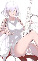 Rule 34 | 1girl, absurdres, alternate costume, bahuangdajiangjun, bare legs, breasts, collarbone, commentary request, dress, feet out of frame, girls&#039; frontline, gun, hair between eyes, highres, holding, holding gun, holding weapon, light machine gun, light smile, long hair, machine gun, parted lips, reaching, reaching towards viewer, rpk-16, rpk-16 (boss) (girls&#039; frontline), rpk-16 (girls&#039; frontline), simple background, smile, solo, spoilers, thighs, unfinished, weapon, white background, white dress, yellow eyes