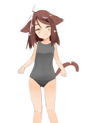 Rule 34 | 1girl, :d, animal ears, ariyoshi gen, brown hair, covered navel, ears down, fang, looking at viewer, one-piece swimsuit, open mouth, original, simple background, smile, solo, swimsuit, tail, white background, yellow eyes