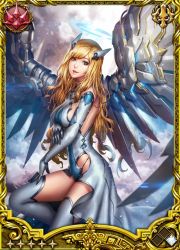 Rule 34 | 1girl, angelus ex machina, artist request, blonde hair, blue dress, blue gloves, boots, card, card (medium), cowboy shot, dress, elbow gloves, feathered wings, from side, gloves, grey eyes, hair ornament, halo, looking at viewer, looking to the side, ma, magnus ignis, metal wings, solo, thigh boots, thighhighs, thighs, white wings, wings