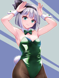 Rule 34 | 1girl, animal ears, armpits, arms up, black pantyhose, bob cut, bow, bowtie, breasts, commentary request, detached collar, green bow, green bowtie, green eyes, green leotard, grey hair, highres, kisaragi koushi, konpaku youmu, leotard, pantyhose, rabbit ears, rabbit pose, short hair, small breasts, smile, solo, strapless, strapless leotard, touhou, wrist cuffs