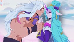 Rule 34 | 1boy, 1girl, absurdres, bare shoulders, bead necklace, beads, closed mouth, colored skin, english text, green hair, grey hair, grey skin, hair bun, highres, holding hands, jewelry, league of legends, long hair, long sleeves, looking away, looking to the side, necklace, odeko yma, outline, pointy ears, sett (league of legends), single hair bun, soraka (league of legends), speech bubble, spirit blossom sett, spirit blossom soraka, topless male, white outline