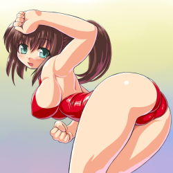 Rule 34 | 1girl, arched back, armpits, ass, bad id, bad pixiv id, bent over, blush, breasts, brown hair, clenched hand, dd (ijigendd), green eyes, huge ass, large breasts, leotard, long hair, looking back, open mouth, original, ponytail, sideboob, solo