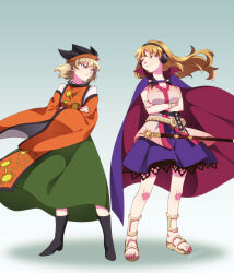 Rule 34 | 2girls, alternate costume, belt, black footwear, blonde hair, blue skirt, boots, breasts, buttons, cape, cleavage, cosplay, costume switch, crossed arms, detached sleeves, earmuffs, full body, gradient background, green skirt, hat, highres, large breasts, long hair, matara okina, matara okina (cosplay), multiple girls, sandals, shadow, sheath, shikido (khf), shirt, short hair, skirt, sleeveless, sleeveless shirt, standing, sword, tabard, touhou, toyosatomimi no miko, toyosatomimi no miko (cosplay), weapon, white shirt, yellow eyes