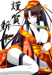 Rule 34 | 1girl, between breasts, black hair, blunt bangs, breasts, cleavage, colored skin, demon girl, glowing, hand fan, highres, huge breasts, japanese clothes, kimono, legs, long hair, looking at viewer, monster girl, naughty face, new year, original, parted bangs, pointy ears, pure white demon (succubus prison), shiki (psychedelic g2), simple background, sitting, smile, snake, solo, thighs, third eye, translated, very long hair, white background, white skin